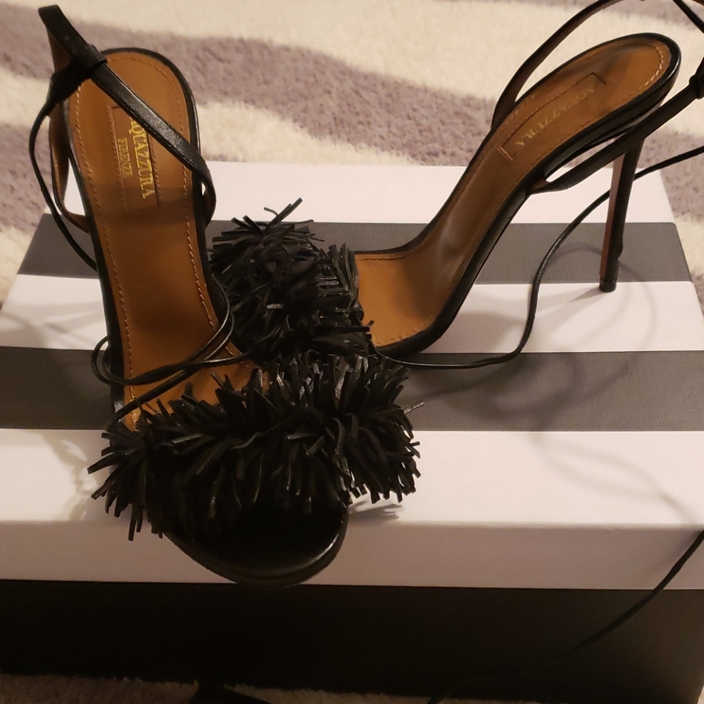 Aquazzura Black Pompon Heels